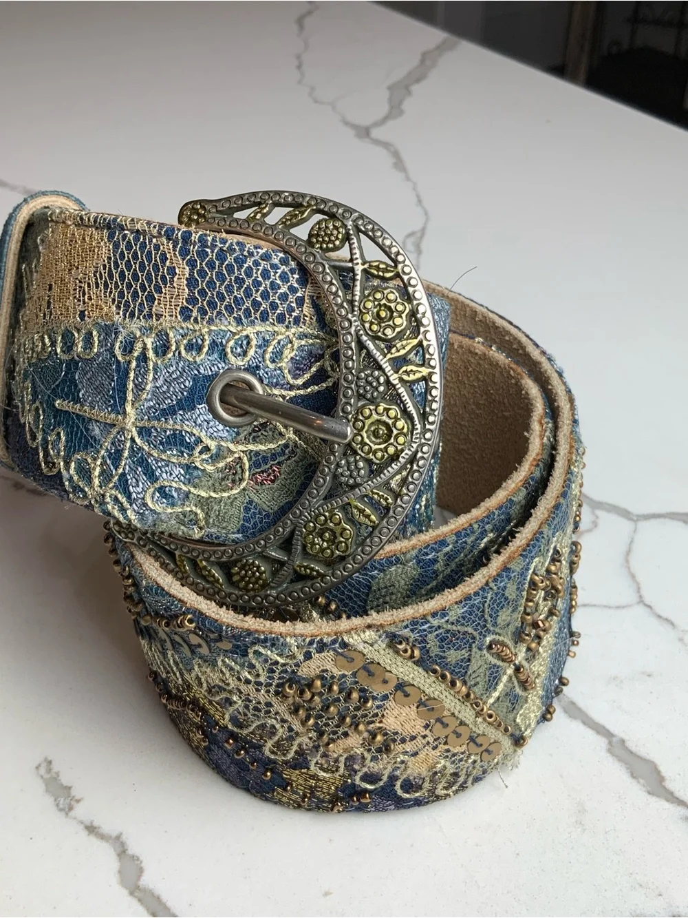 ✨ Chico's Embroidered Beaded Boho Laced Leather Statement Belt Size Small up to